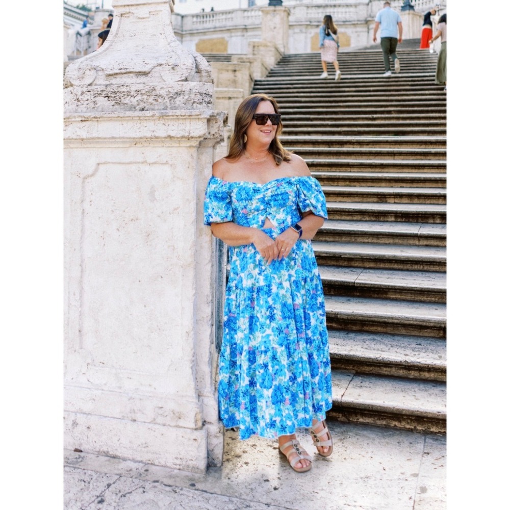 BTFBM Blue Floral Puff Sleeve Cutout Smocked Midi Dress XL